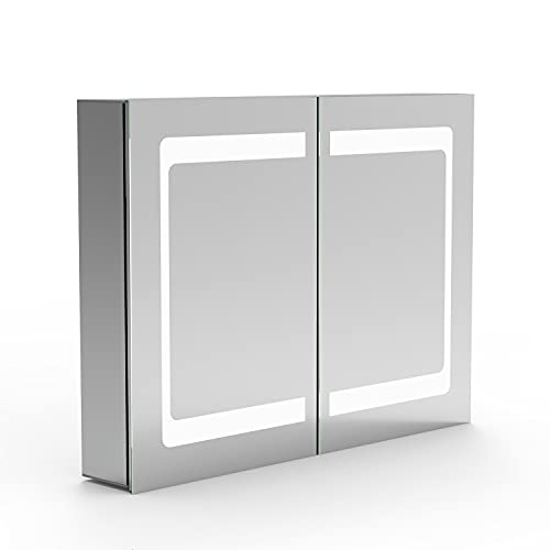 Xinyang LED Spiegelschrank 80x60cm Badezimmer Spiegelschrank Aluminium mit LED Beleuchtung Lichtspiegelschrank Rasier-Steckdose Infrarot Sensorschalter Beschlagfrei Soft-Close-Funktion Kaltweiss Cover