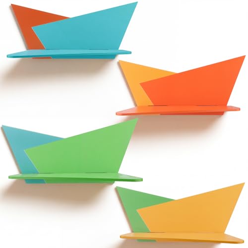 Image of Threehoney Mid-Century Modern Wall Set of 4 Colorful Floating Display Shelves Retro Style Starburst Wall Mounted Shelves Storage for Bedroom, Living Room Decor(Folding Geometry)