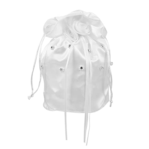 SEWACC Satin Bridal Wedding Money Bag White Bridal Purse Wedding Favor Women Handbag with Rhinestone Bead Flower Decorated