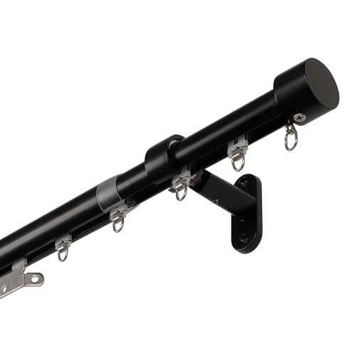SOLOKOS Traverse Curtain Rod with Built-in Track Heavy Duty 40 lbs Support Adjustable Telescopic Curtain Rod (No Cutting Needed) Smooth Glide System for Thick Curtains (Black 47-86)