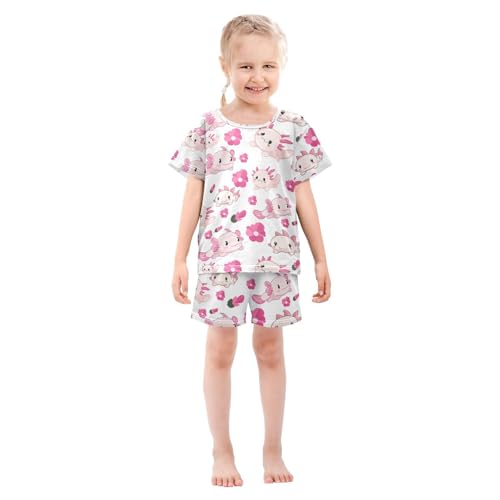 Pajama Sets Short Sleeve Pink Axolotl Set Flowers Soft Cotton Summer Sleepwear 2 Piece PJS Size 5-14T4