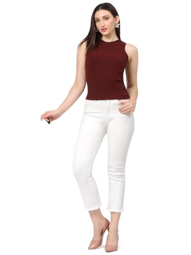 Image of Kalt Womens Knitted, Ribbed Cotton Fitted Sleeveless Round Neck Cami Tank Top