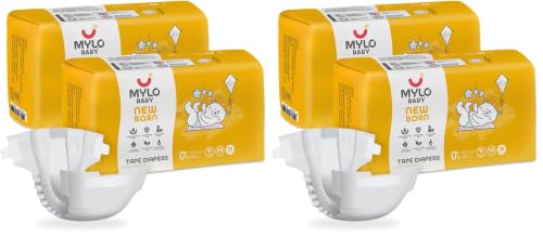 Image of Mylo Baby Tape Diaper Newborn (NB) Size Upto 5 kg Babies (52 Count) Leak Proof | Lightweight | Rash Free | Upto 12 Hours Protection | ADL Technology | with Zinc Oxide Layer (Pack of 2)