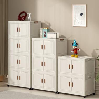 クリーム折りたたみ 収納キャビネット 折りたたみ 収納ボックス 扉付き折り畳みコンテナ 多機能 省スペース 組立簡単クローゼット キャスター 収納ケース押し入れ おしゃれホワイト 大容量 プラスチック 厚み 書類/衣類/布団/おもちゃ/小物/食品収納家庭用