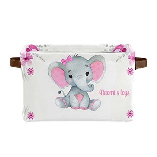 Joyestore Pink Elephant Personalized Storage Bins ,Baskets Cubes Organizer with Handle for Shelves Closet Nursery Toy 1 Pack