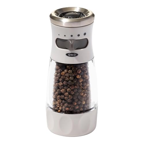 OXO Good Grips Contoured Mess-Free Pepper Grinder, Adjustable Ceramic Grinder with Five Settings, Black Pepper Mill for Home and Kitchen, Spice Tool and Kitchen Gadget