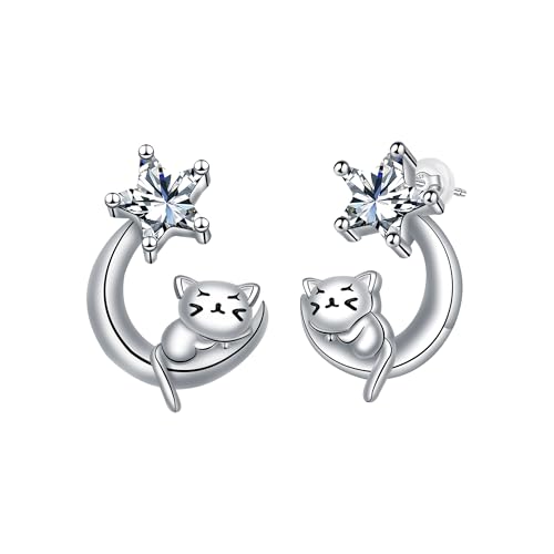 J.MUEN Boucles d'oreilles lune et chats en argent sterling 925 pour femme fille, boucles d'oreilles chats animaux bijoux hypoallergéniques bijoux d'oreilles...