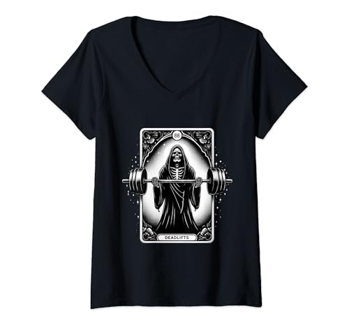 Mujer Grim Reaper Deadlift Tarot Card Gothic Skeleton Workout Camiseta Cuello V