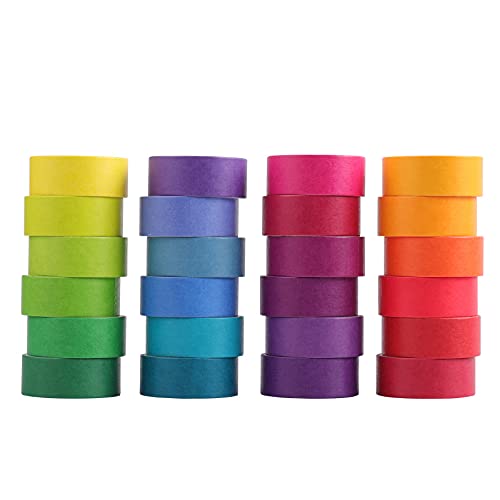 Cotrida Juego de 24 rollos de cinta Washi de 15 mm, cinta adhesiva de color arcoíris, cinta decorativa para diario de viñetas, álbumes de recortes, artes y manualidades, tablero de visión, decoración