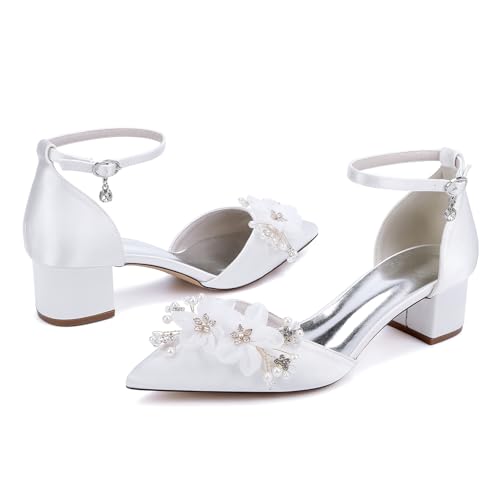 Women's Closed Toe Block Heels Ankle Strap Low-Chunk Heel Floral Satin Bridal Shoes Pumps3