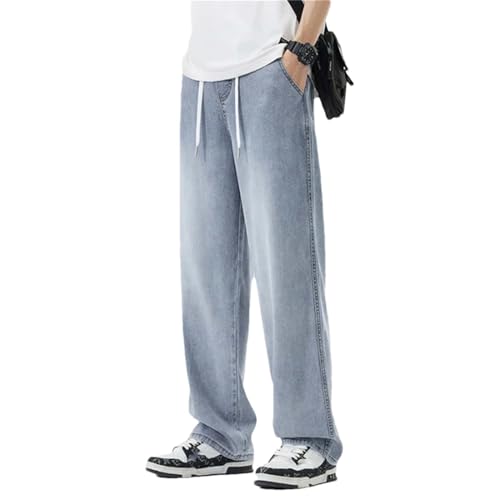 Hndudnff Men's Summer Thin Elastic Waist Jeans Loose Straight Elastic Drawstring Wide Leg Denim Long Pants