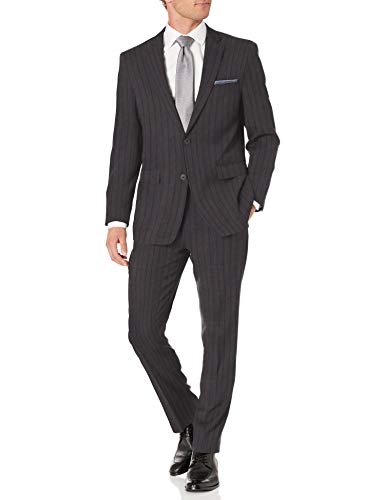Perry Ellis Men's Two Piece Finished Bottom Slim Fit Suit, Grey Stripe, 46 Regular