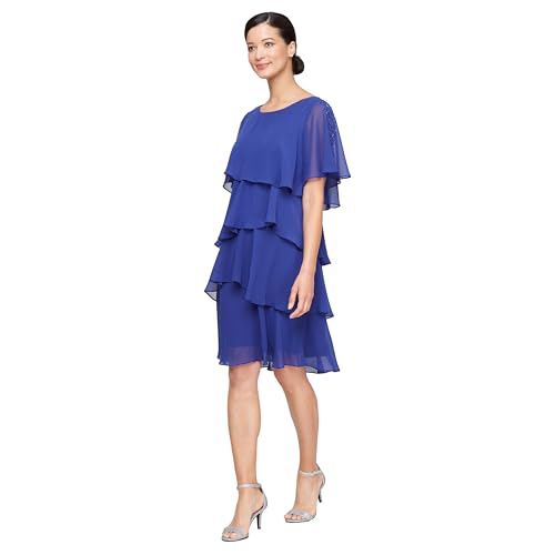 Image of S.L. Fashions Women's Short Tulip Sleeve Tiered Chiffon Cocktail Dress, Wedding Guest Gown (Petite and Regular Sizes)