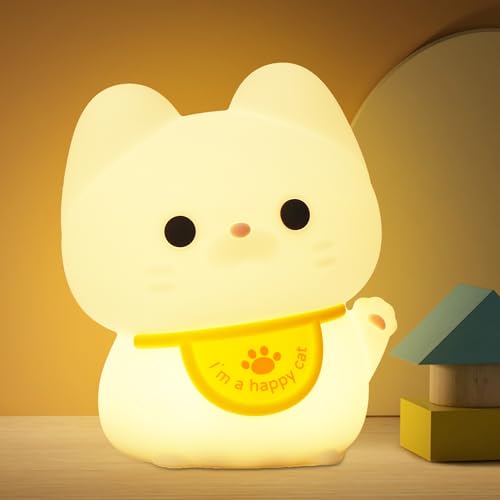 OkiyiD Cat Night Light - Kitty Fortune Cat Lamp, Bedside Lamp for Nursery, ABS+SIL, Touch Control, Portable and Rechargeable Dimmable, Birthday Gift for Boys and Girls