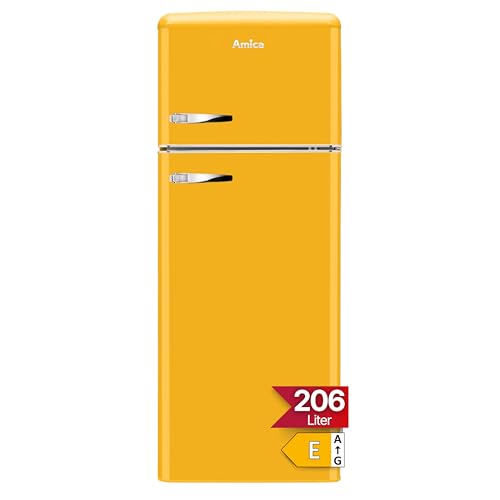 Amica KGC 15633 Y Retro Kühl-/Gefrierkombination / Honey Yellow (Gelb) / 144cm (H) x 55cm (B) x 62cm (T) / Retro-Design / Kühlschrank mit Gefrierfach