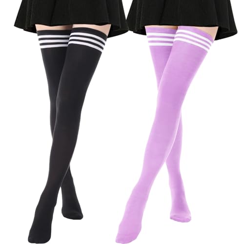 Image of AQOKKA Extra Long Thigh High Socks for Women Striped Over Knee Thigh Socks Long Boot Thigh High Stockings Leg Warmers
