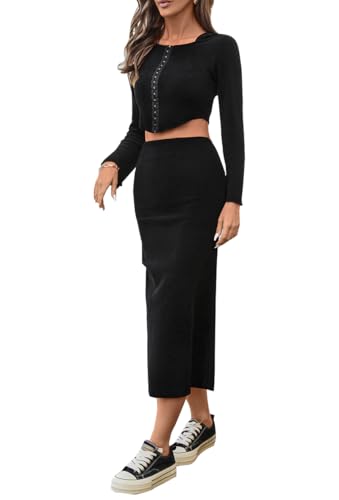 olrain Y2K Women 2 Piece Outfits Long Sleeve Boat Neck Crop Top High Waist Slit Bodycon Skirt Sets Ribbed Knit Spring Fall