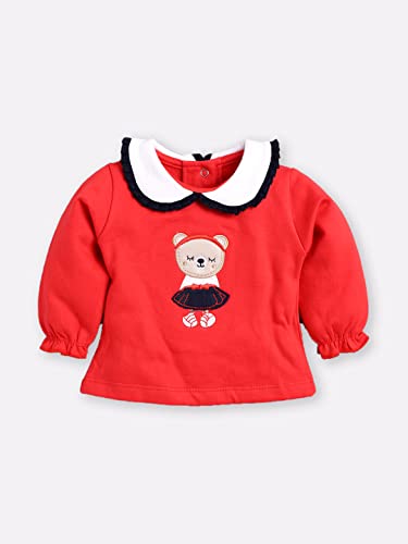 Image of Baby GO Cotton Full Sleeve Frock with Attached Suspender Skirt for Baby Girls | Cute Bear Patchwork Peter Pan Collar Dress | Infant Winterwear Birthday Party Frock Set