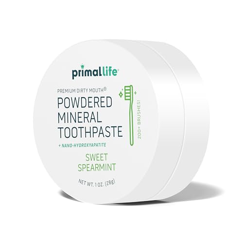 Image of Primal Life Organics - Dirty Mouth Toothpowder, Tooth Cleaning Powder, Flavored Essential Oils with Natural Kaolin & Bentonite Clay, Good for 200+ Brushings, Organic, Vegan (Sweet Spearmint, 1 oz)