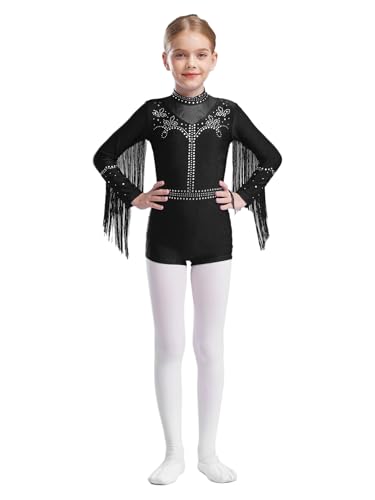 JEATHA Mono De Baile Gimnasia Para Niñas Body Con Flecos Brillantes Body De Patinaje Artístico Ropa De Danza De Jazz Negro 5-6 años