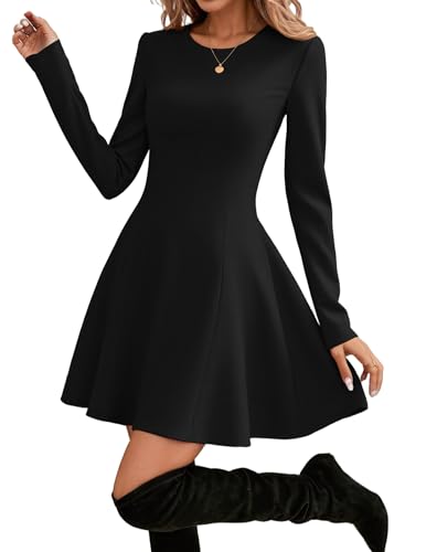 Hotouch Damen Kleider Elegant Langarm Herbst Kleid Rundhals A-Line Einfarbig Freizeitkleider Minikleid Festliches Kleid Schawrz S