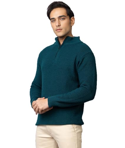 Image of TYSORT Men High Neck Zipper Full Sleeve Waffle Knitted Winter Sweater,Waffle Knit Sweater for Men