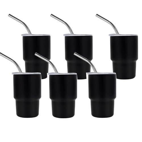 Consejos para Comprar Vasos de chupito del mes. 46 LINSUO - Juego de vasos de chupito de 3 onzas, con pajita y tapa, sublimación doble de acero inoxidable, mini tazas aisladas para bares, whisky, té (6 piezas, negro), LS-0001