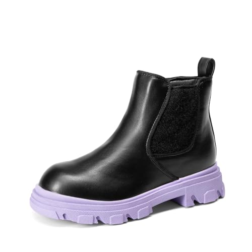 DREAM PAIRS Girls Chelsea Boots Side Zipper Lug Sole Ankle Booties Toddler/Little Kid/Big Kid 11 Little Kid Black/Purple