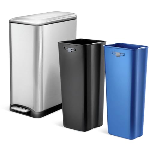 Home Zone Living 13 Gallon Kitchen Trash Can with Dual Compartments for Recycling, Stainless Steel, Silver, 50 Liters Total, Gen 2