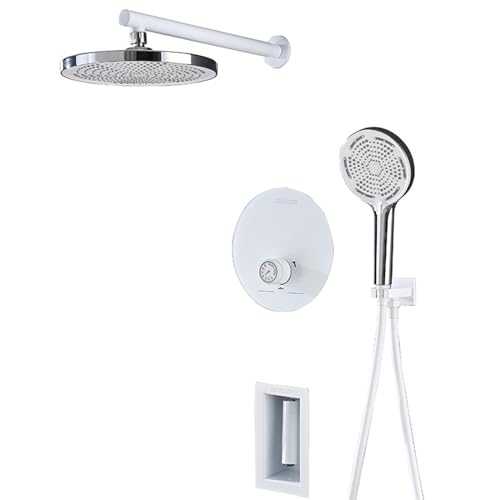 WXPGFEQ Ducha termostática empotrada Redonda Blanca de 8 Pulgadas con Cabezal de Ducha de Mano de 3 Modos.