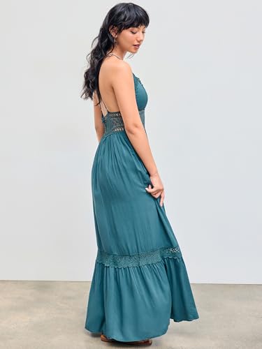 CIDER Maxi Dress for Women V Neck Solid Lace Trim Tiered Dress Beach Vacation Daily Casual High Waist3