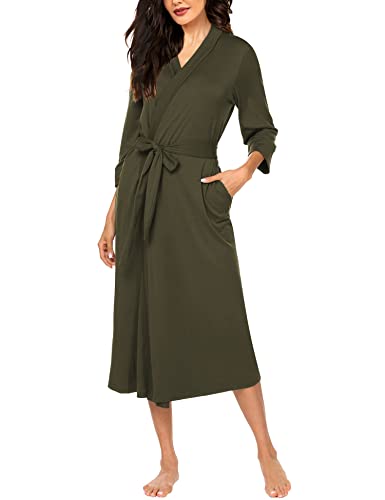 Image of MAXMODA Women Bathrobe 3/4 Sleeve Robe Comfort Female Kimono Robe Sleepwear(Olive Green,M)