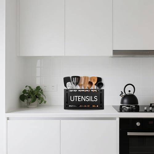 Karisky Kitchen Utensil Holder - Spacious 3 Compartment Solid Wood Caddy with Non-Slip Pads for Organised Countertop Storage - Black - Image 2