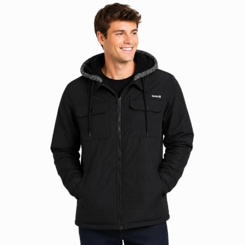 Image of Hurley Men's Voyager Jacket - Warm Insulated Fleece Jacket with Cozy Sherpa Lining - Lightweight Hooded Jacket for Men (S-XL)