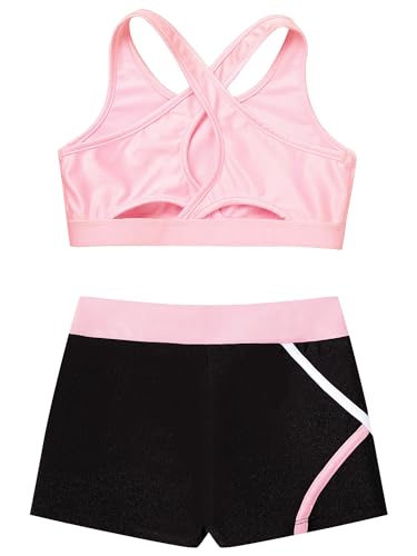 Kids Girls 2 Pieces Dance Outfit Gymnastics Crop Tank Sleeveless Shiny Tops Sport Bra and Shorts Set Tracksuit4