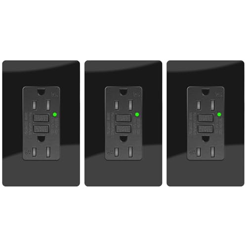 15A Black GFCI Outlet, TR &amp; WR Ground Fault Protector with LED Indicator, Tamper &amp; Weather Resistant GFI Electrical Receptacle, ETL Listed, Wallplate Included, 3 Pack