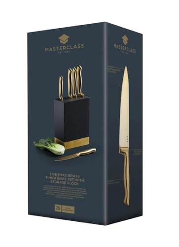 MasterClass Knife Set with Block, 5-Piece, Brass-Coloured Stainless Steel, 15.5 x 9.5 x 22 cm ( 6.1 x 3.7 x 8.7'' ), Brass/Black - Image 5