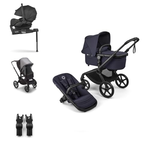 Bugaboo Fox 5 Renew Pack, Carrito de Bebé 3 en 1 Todoterreno, Sistema de Viaje Completo con Silla de Coche, Capazo Ergonómico, Fácil Plegado, Asiento Extensible, Chasis Negro y Capota Deep Indigo