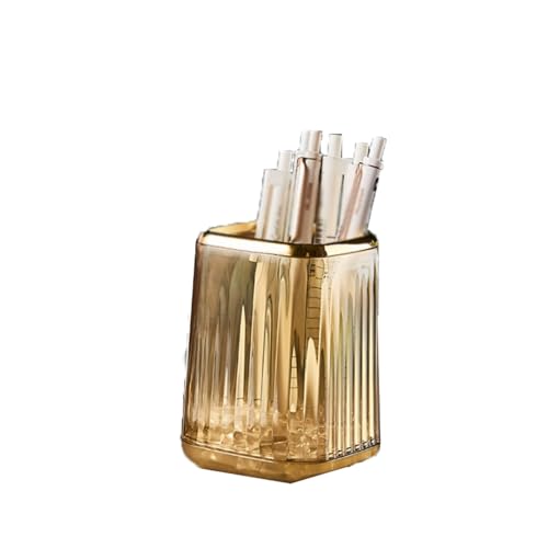 Portalápices de Rayas Verticales, Organizador de brochas de Maquillaje Transparente con Borde Dorado, Ligero y Lujoso, for Escritorio. Estuche para lápices(Bruin)