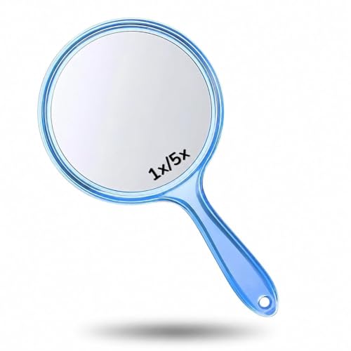 Image of Transparent Hand Mirror 1X /5X Magnification - 5‑inch Round Acrylic Mirror with Handle & Hanging Hole - Lightweight Portable Makeup & Grooming Tool (Blue Small)