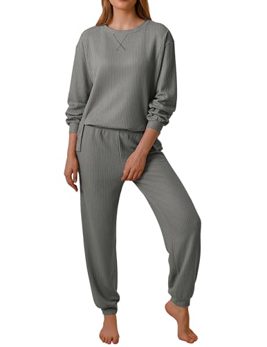 Ekouaer Waffle Knit Lounge Sets for Women Long Sleeve Pajamas Set with Pockets 2 Pieces Outfits Top and Pants