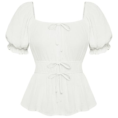 Women Peasant Shirt Tie Front Tops Square Neck Puff Sleeve Blouse White XL