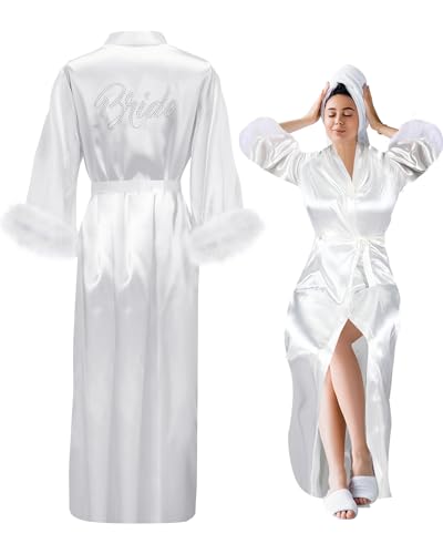 Bride Satin Feather Robe Women Silk Kimono Robe with Ostrich Feather Trim Bridal Sleepwear for Wedding Party
