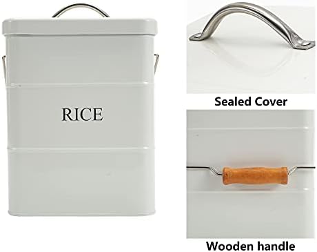 Xbopetda Metal Rice Storage Box, Square Rice Container with Lid and Handle, Sealed Food Storage Bin for Kitchen, Countertop Organizer Jar for Rice Flour Soybean Grain Cereal-White