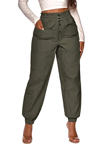 Dressmecb women's casual elastic waist trouser paper bag pants wi…