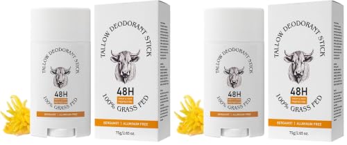 Tallow Deodorant, Women & Men's Deodorant Stick with Grass-Fed Beef Tallow - Bergamot Scented,48-Hour Odor Control, Invisible Cream Stick for Underarms and Private Parts, Aluminum-Free (Pack of 2)
