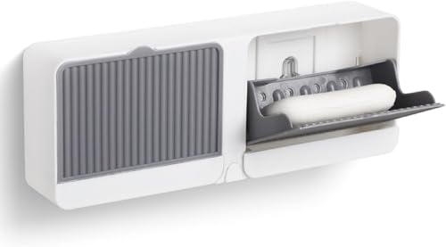 Image of Wall Mounted Soap Holder Box with Lid and Pull-Out Drain Tray, Adhesive Wall Installation Soap Case with Hook, Bathroom Bar Soap Storage Organizer Unit (Pack of 1)