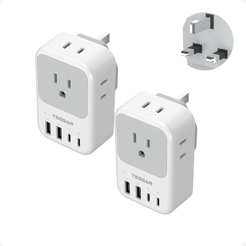 Type G Adapter for Travel 2 Pack TESSAN PD 20W US to UK Plug Adapter with 4 AC Outlets 4 USB Ports (2 USB C) Ireland Power Adaptor for USA to England London British Scotland Dubai Hong Kong Kenya