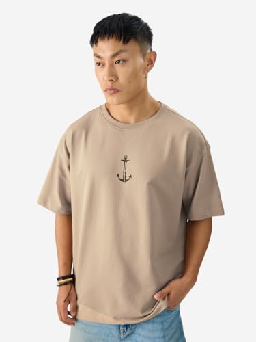 Image of The Souled Store Official One Piece: Most Wanted Men and Boys Short Sleeve Round Neck Brown Graphic Printed Cotton Oversized T-Shirts