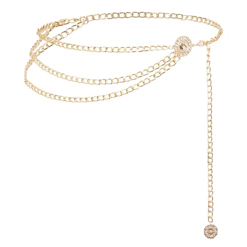 Women Girls Multilayer Metal Waist Chain Belt for Dresses Jeans Adjustable Body Belly Link Western Belt